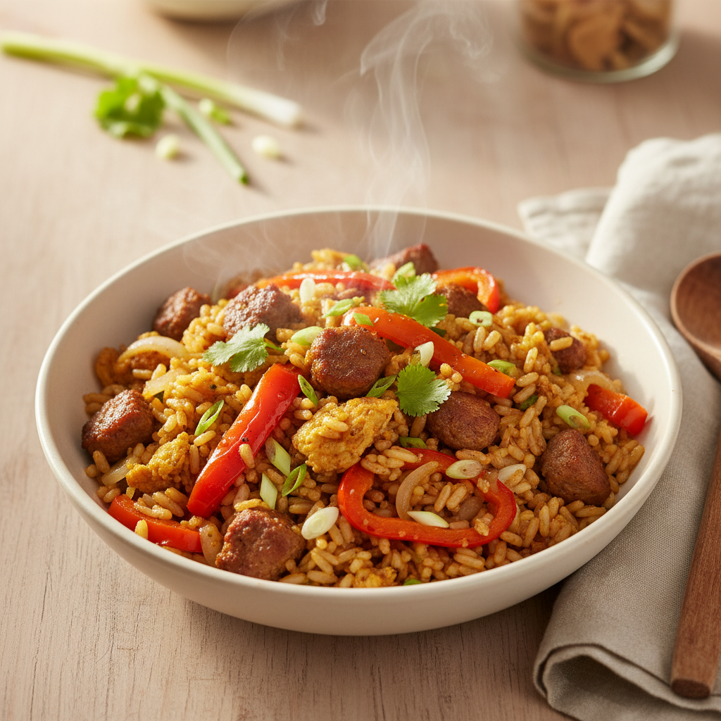Aziatische gebakken rijst met Jumbo Roasted Gehakt en puntpaprika