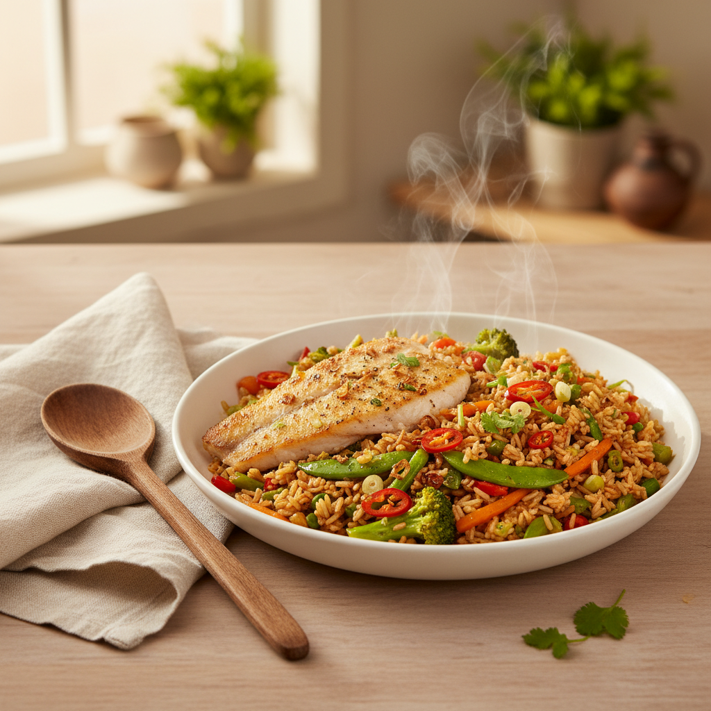 Aziatische pangasius met gebakken rijst en wokgroente