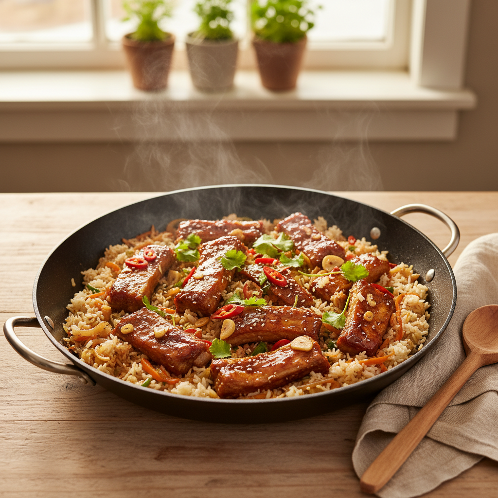 Aziatische sparerib-wok met rijst
