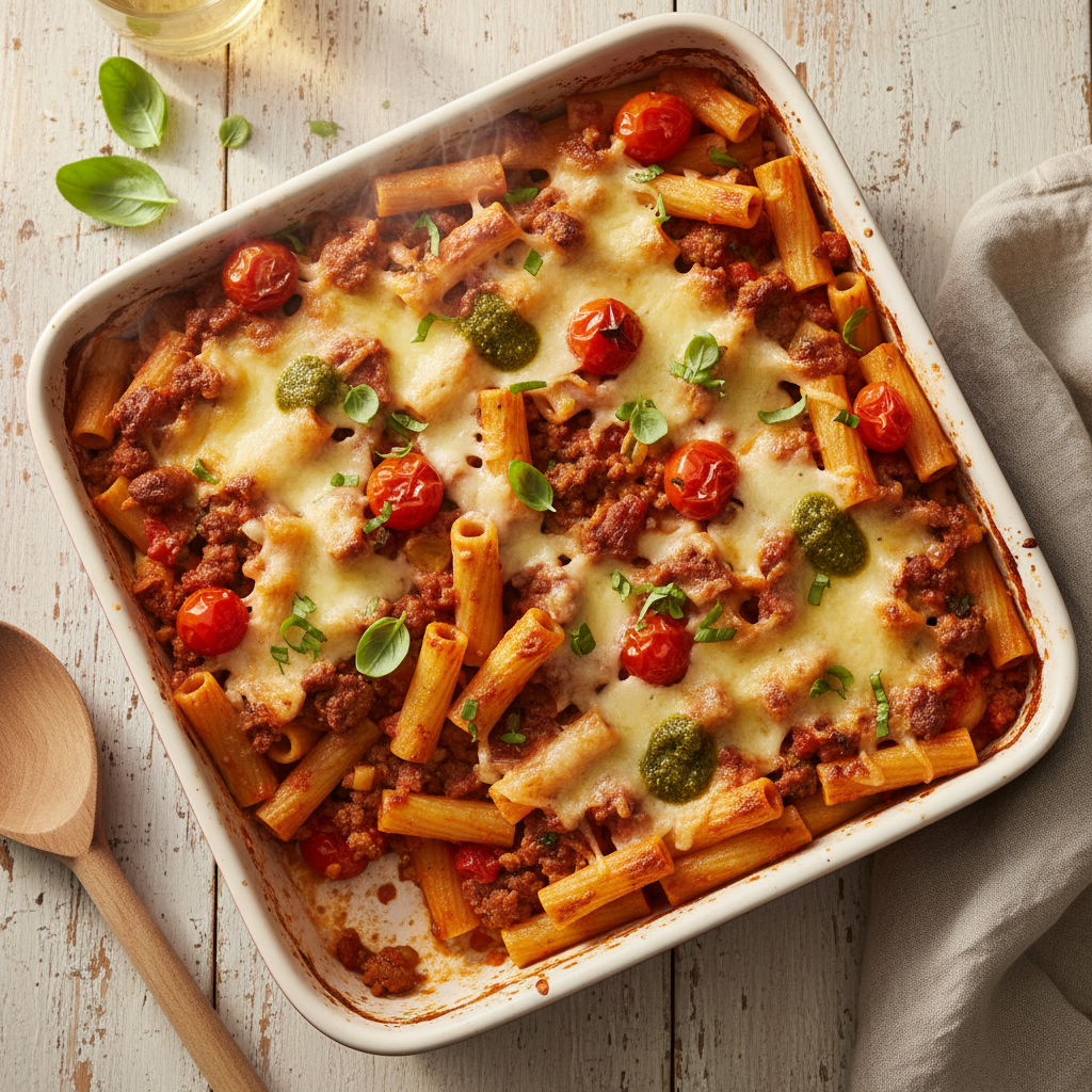 Baked pasta al forno met gehakt, tomaatjes en pesto