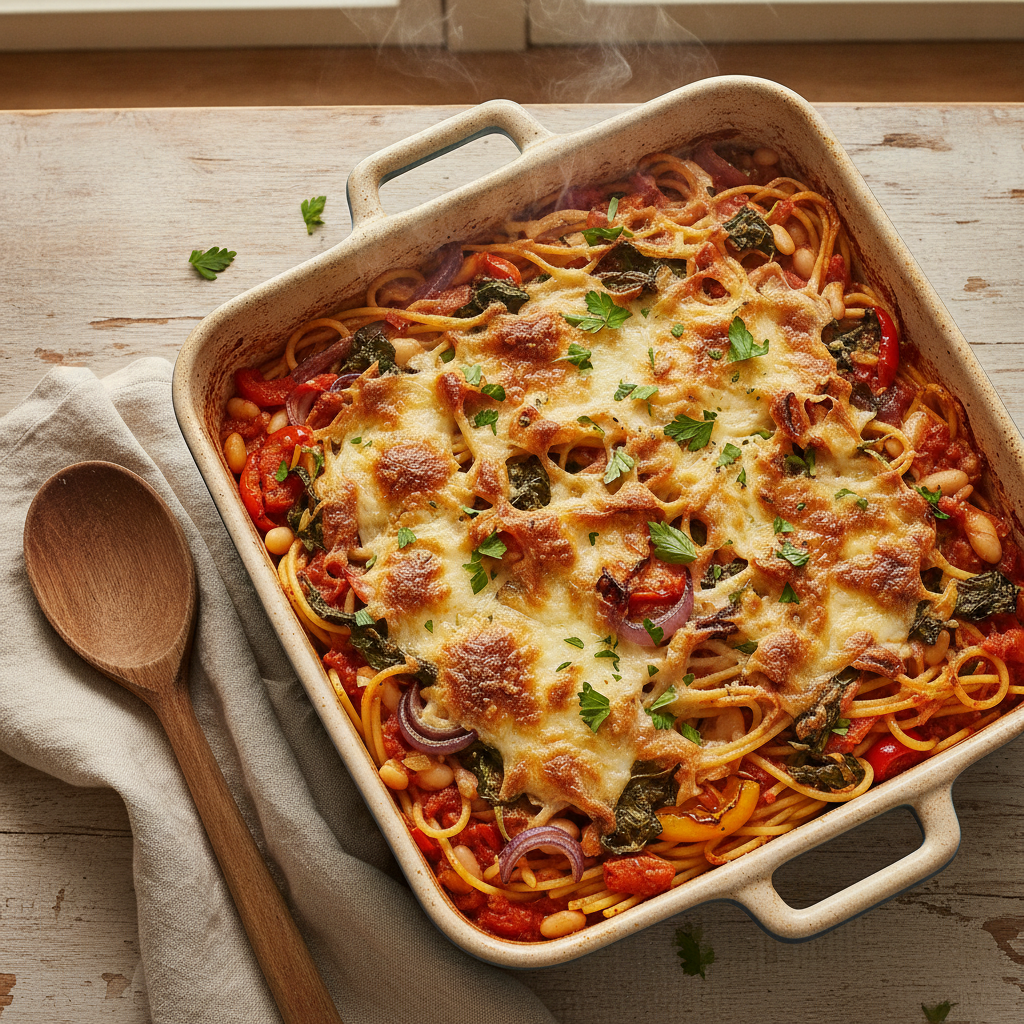 Baked spaghetti met geroosterde paprika, spinazie en witte bonen