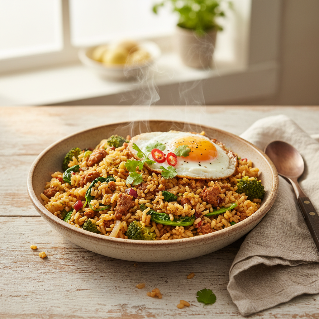 Budget Aziatische gebakken rijst met Beyond Hack, broccoli en spinazie