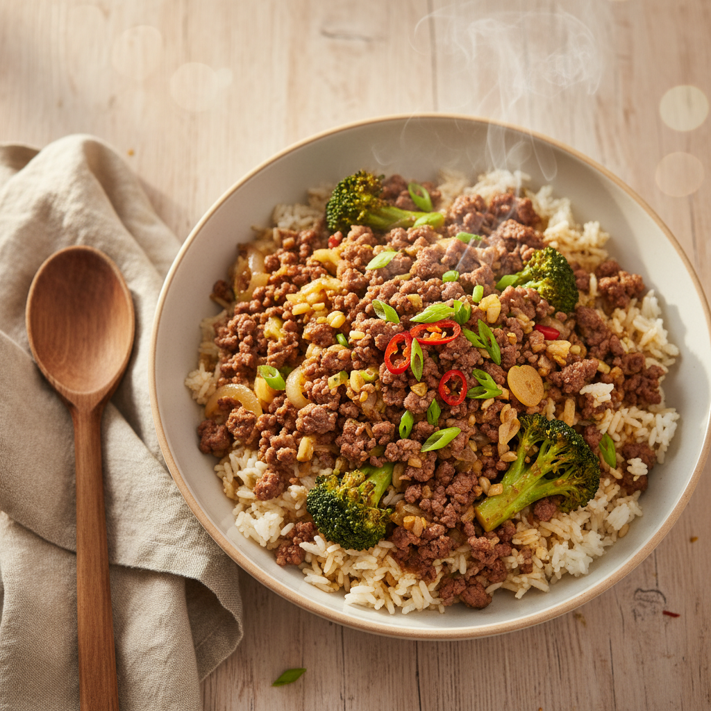 Budget Aziatische Nasi met rundergehakt en broccoli