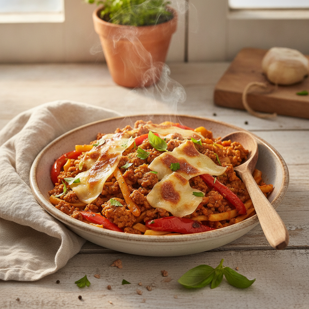 Eenvoudige Italiaanse pasta met plantaardig gehakt en geroosterde paprika