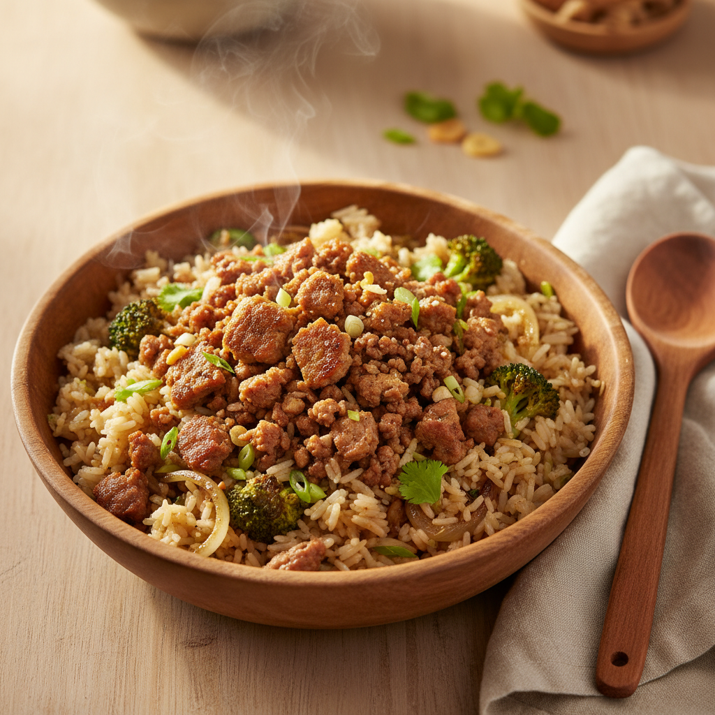 Gebakken rijst met geroosterd gehakt en broccoli (Aziatisch)