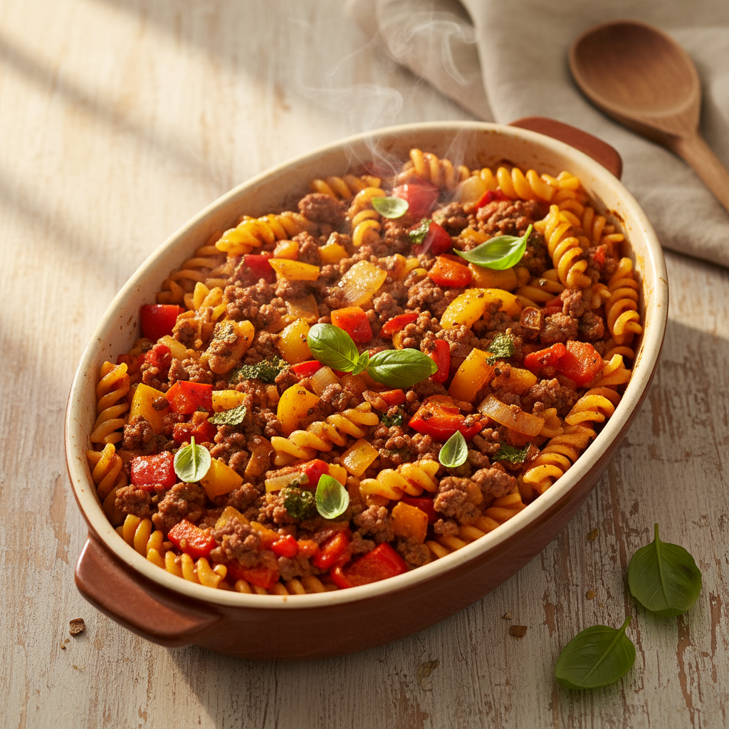 Italiaanse pasta-ovenschotel met gehakt en geroosterde paprika