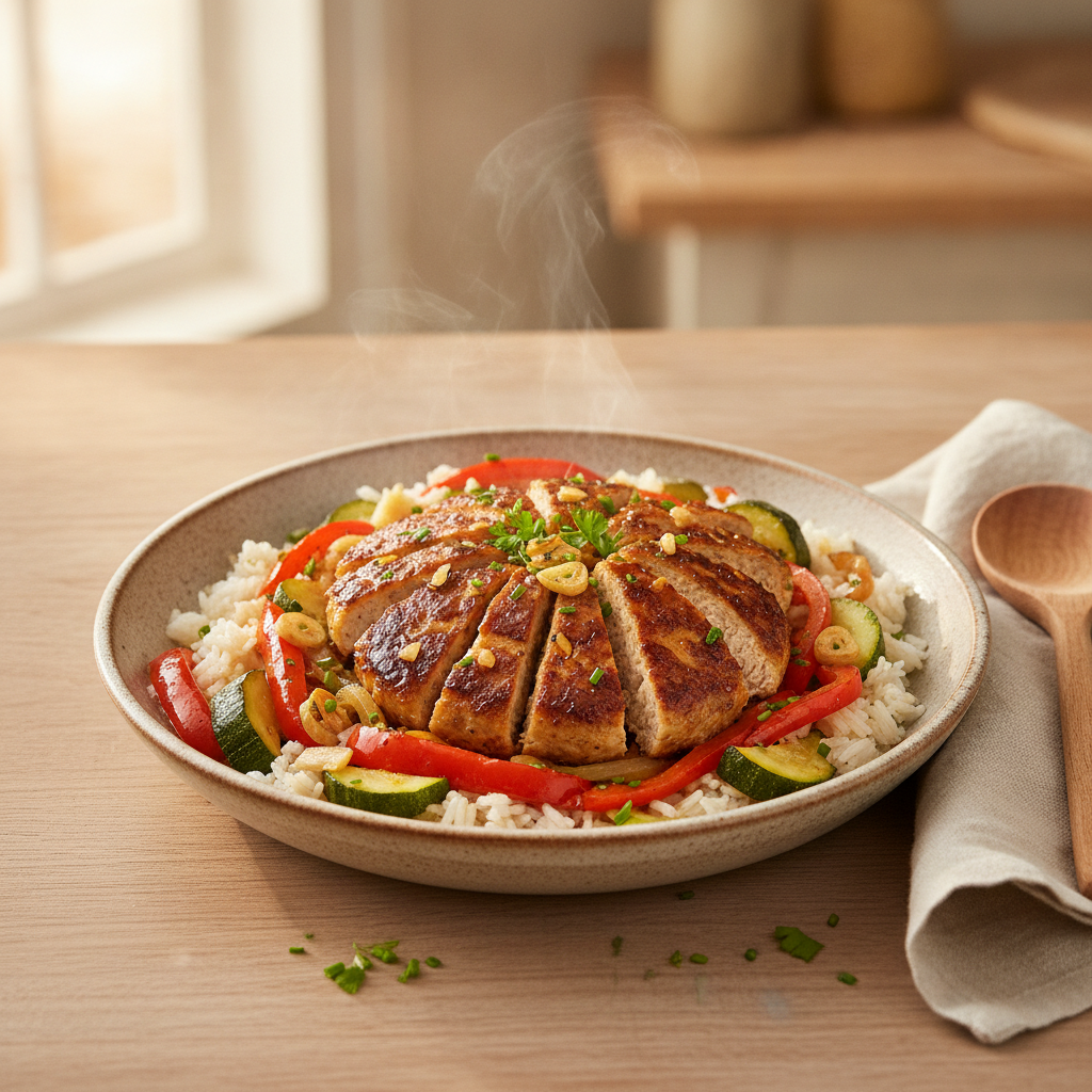 Kipburger wok met rijst, paprika en courgette