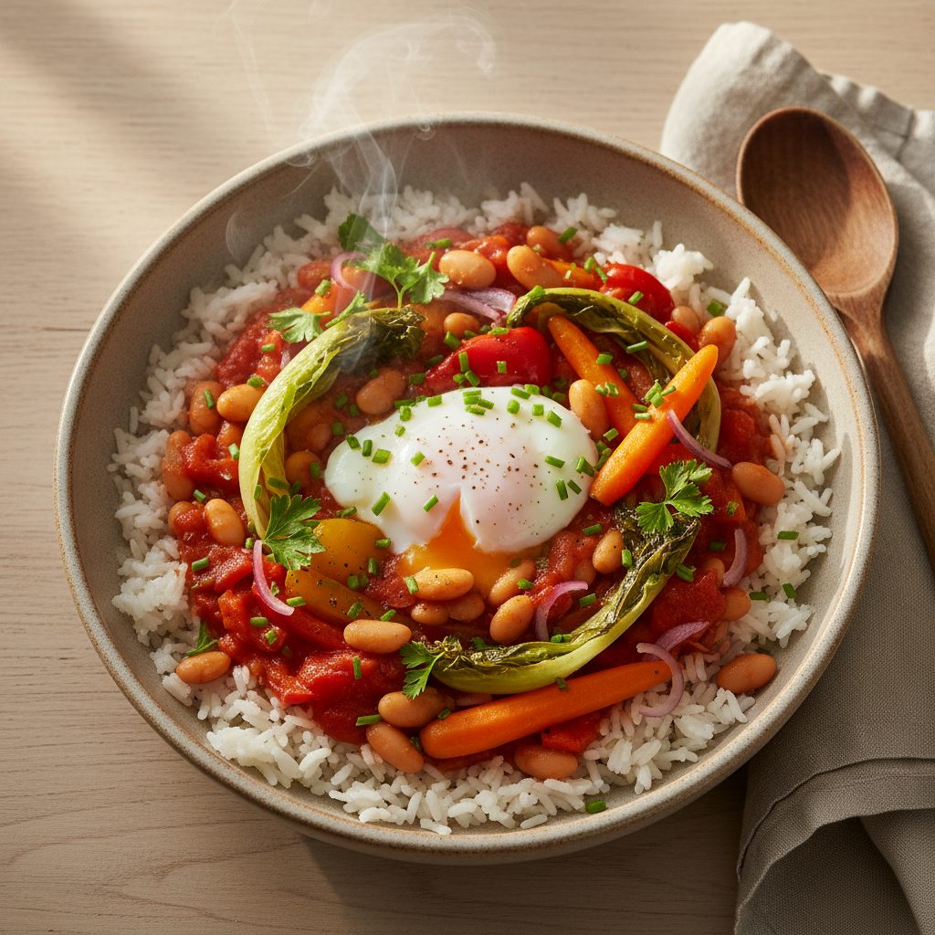 Makkélijke bonen-rijst bowl met geroosterde paprika en andijvie
