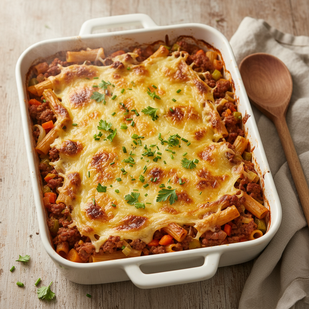 Ovenschaal met gehakt, pasta en kaastopping