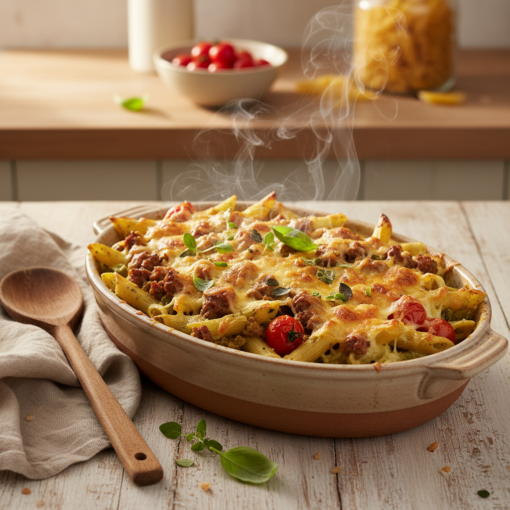 Ovenschotel: Italiaanse pasta al forno met geroosterd gehakt en pesto