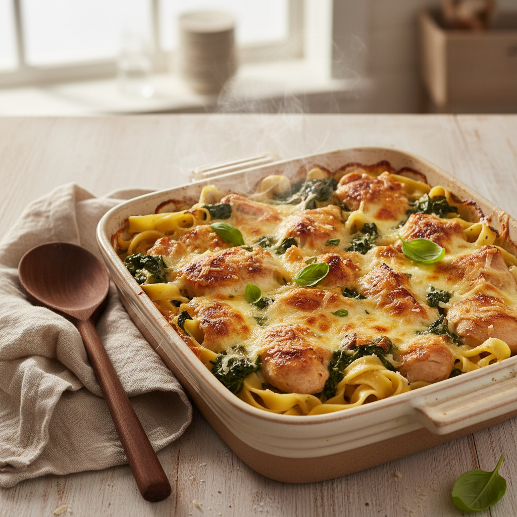 Ovenschotel met kip, verse pasta en spinazie (Italiaanse stijl)