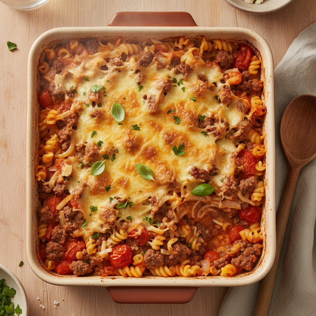 Ovenschotel met pasta, rundergehakt en tomaat
