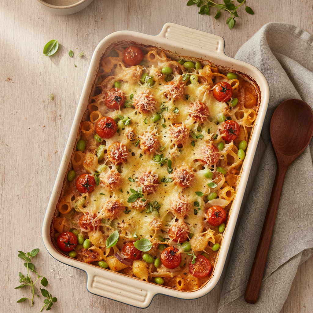 Ovenschotel met tomaat, mozzarella en sojabonen