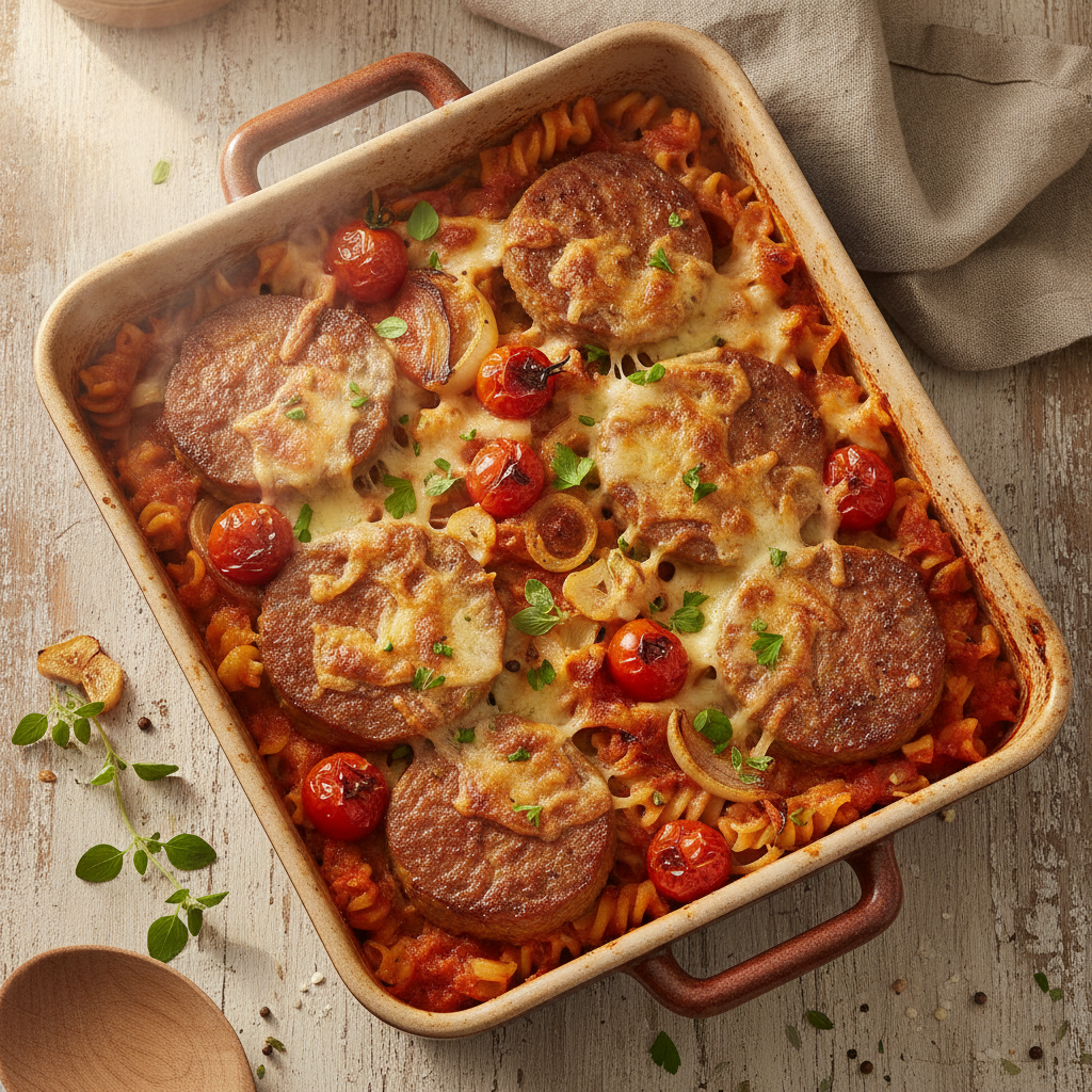 Ovenschotel van pasta met gebraden gehakt en mozzarella