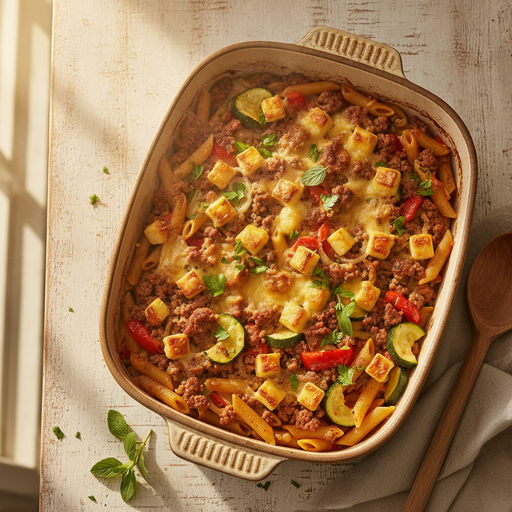 Ovenschotel van pasta met kruidig gehakt, geroosterde paprika en courgette