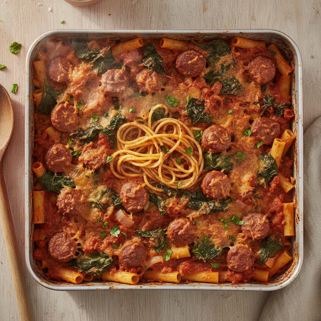 Pasta al forno met Catalaanse worstjes en spinazie