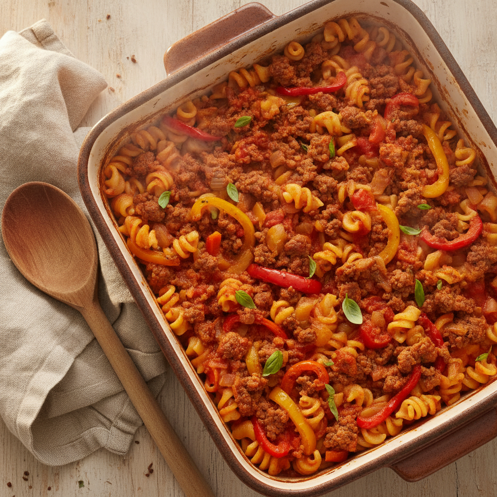 Pasta al forno met gemengd gehakt en paprika