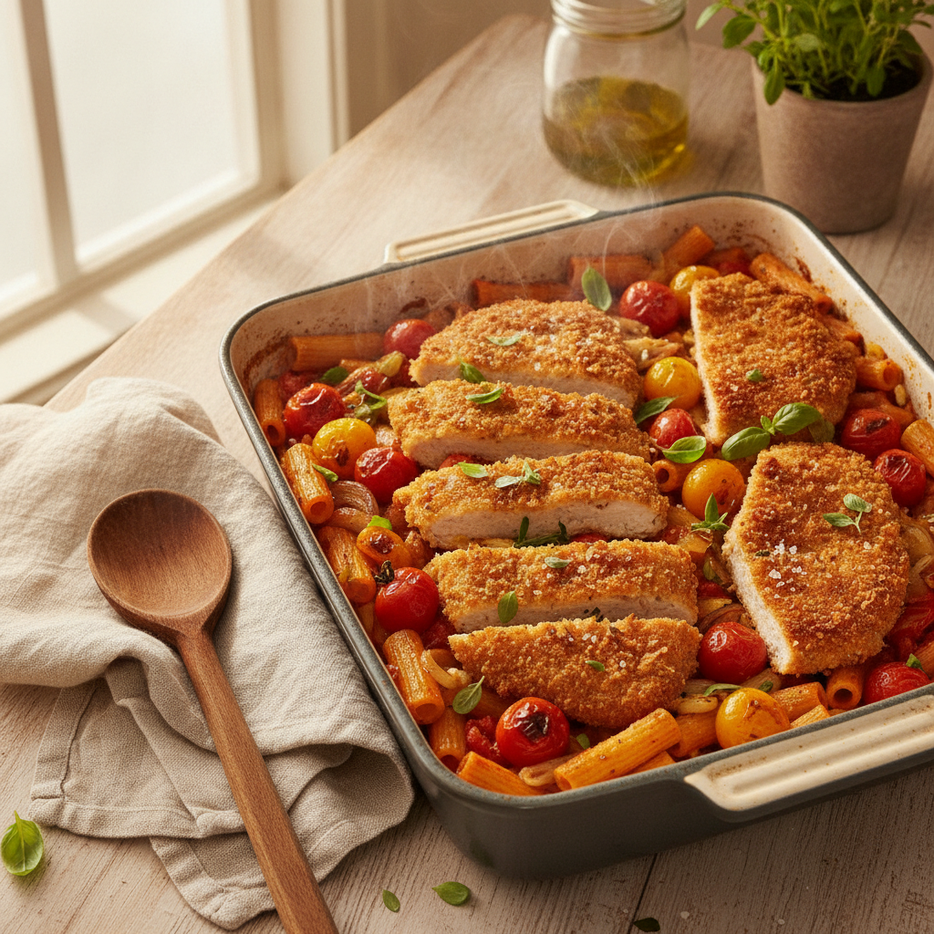 Pasta al forno met krokante kip en tomaat