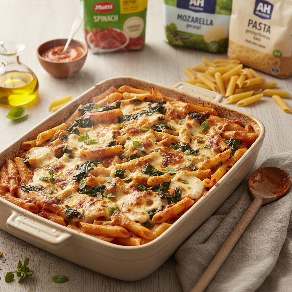 Pasta al Forno met spinazie en twee kazen (vegetarisch)