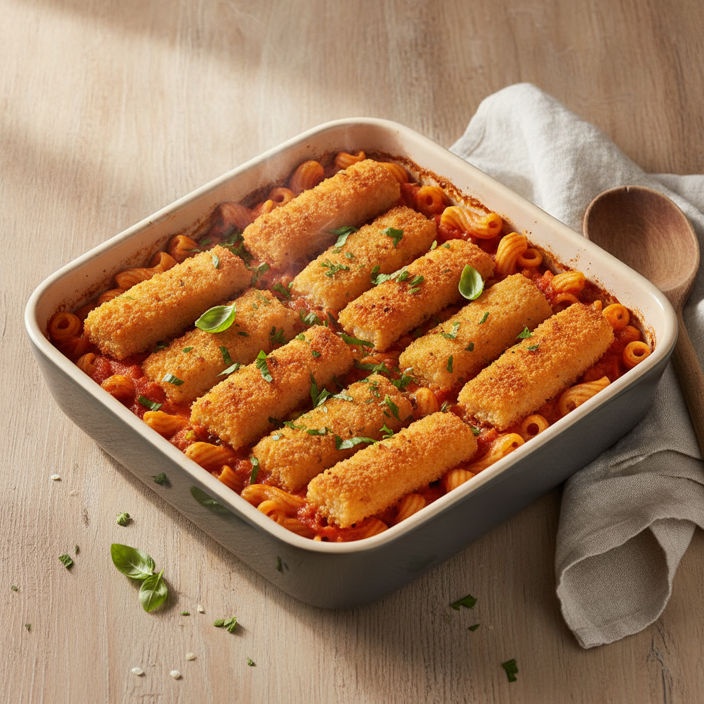 Pasta al forno met vissticks en tomatensaus