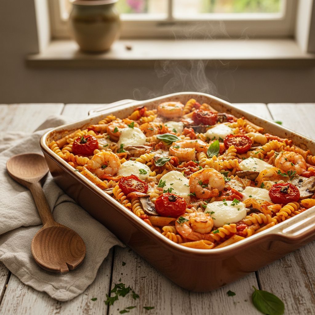 Pasta al Forno met wokgarnalen, roma tomaat & mozzarella
