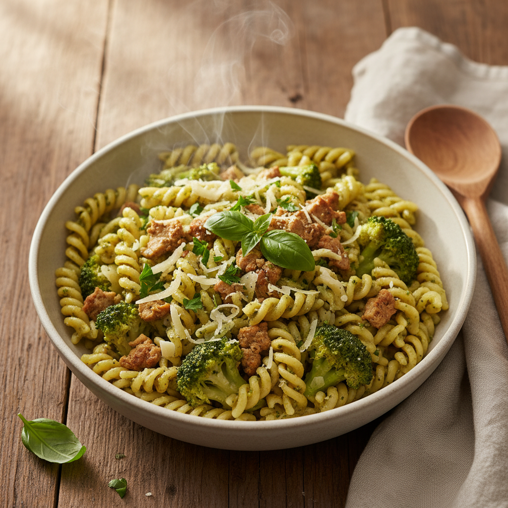 Pasta al Pesto met Broccoli en Plantaardig Gehakt