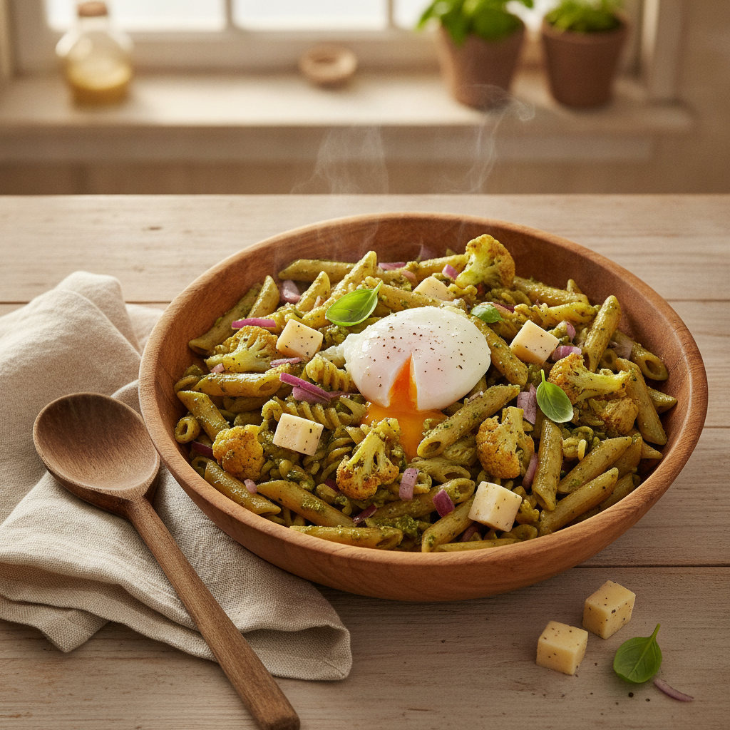 Pasta al Pesto met geroosterde bloemkool en gepocheerd ei