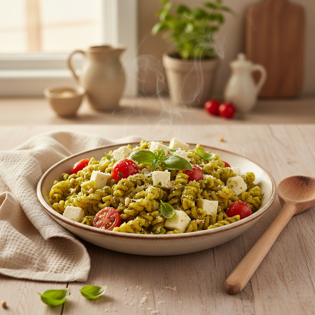 Pasta al Pesto met mozzarella en tomaat