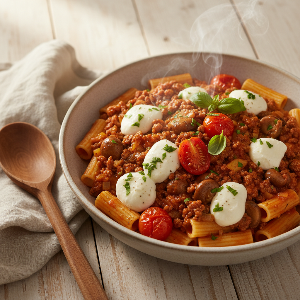 Pasta al Ragù met tomaat, mozzarella en champignons