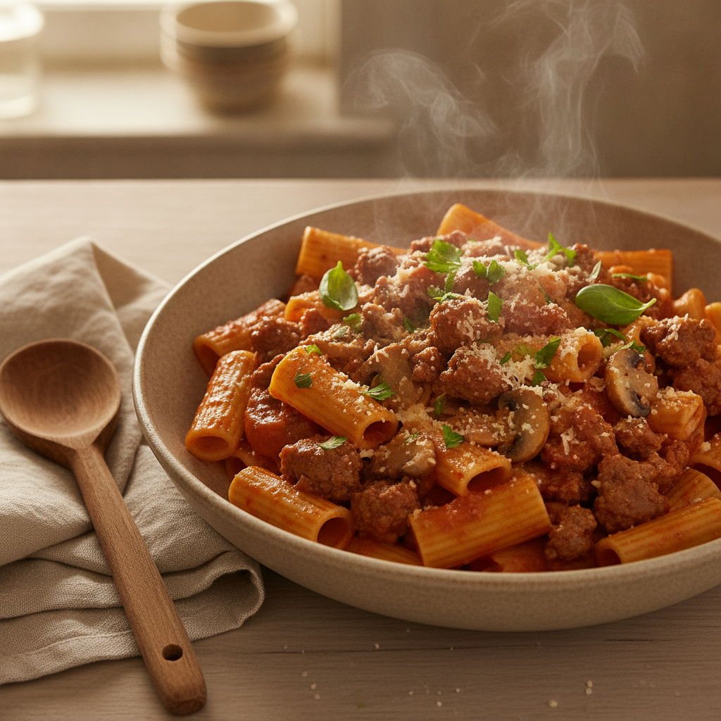 Pasta alla Ragù met champignons en kaas