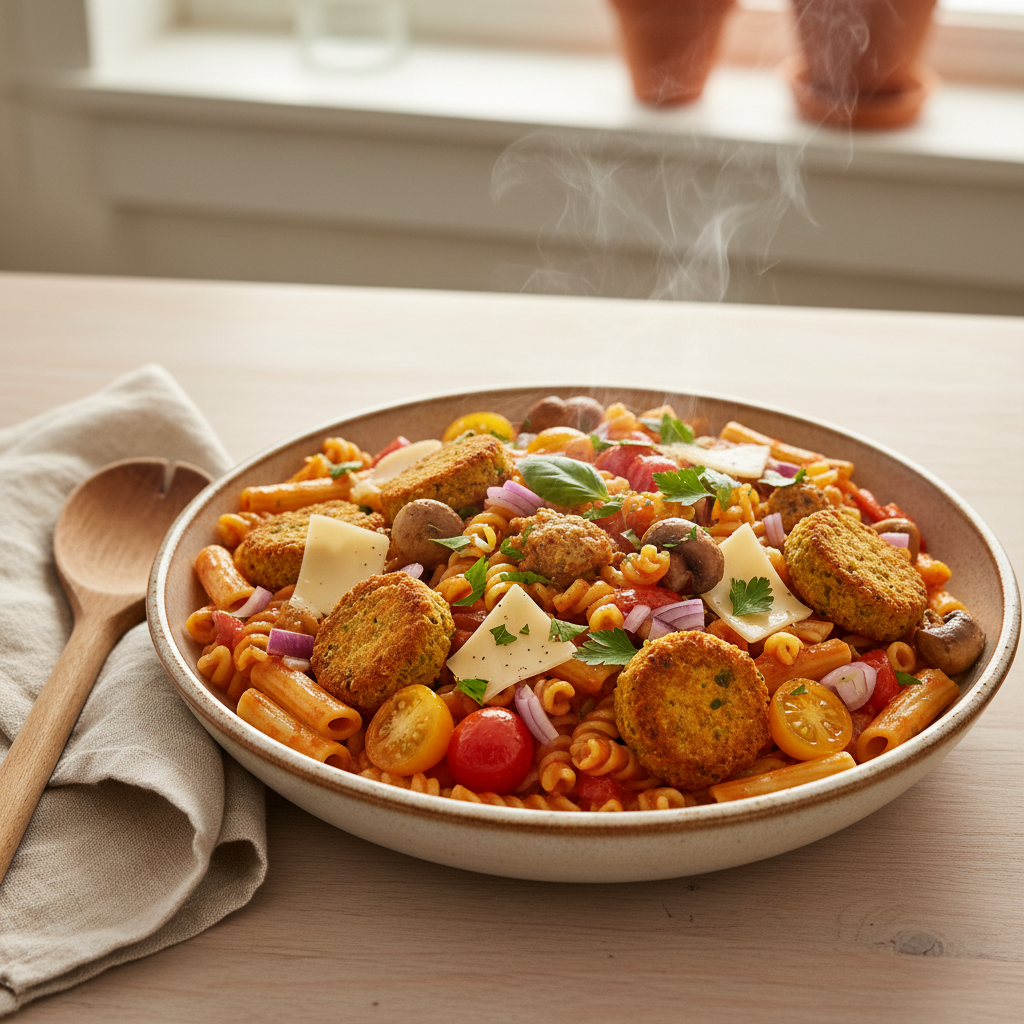 Pasta met falafel, tomaat en champignons