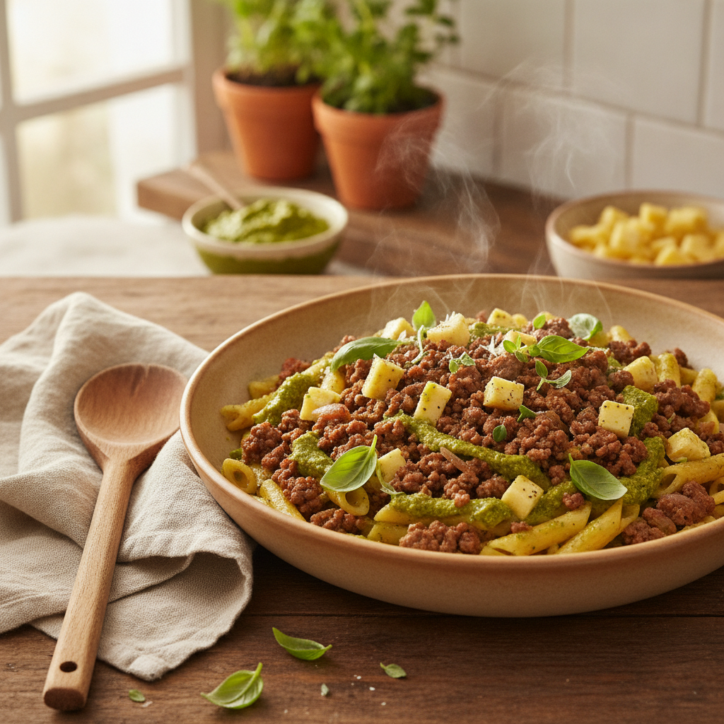 Pasta met gehakt en groene pesto