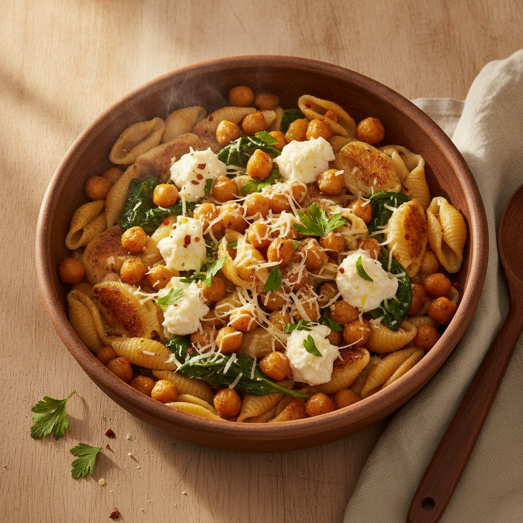 Pasta met geroosterde kikkererwten, spinazie en mozzarella