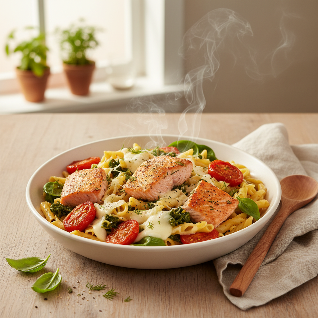 Pasta met geroosterde zalm, tomaat en spinazie