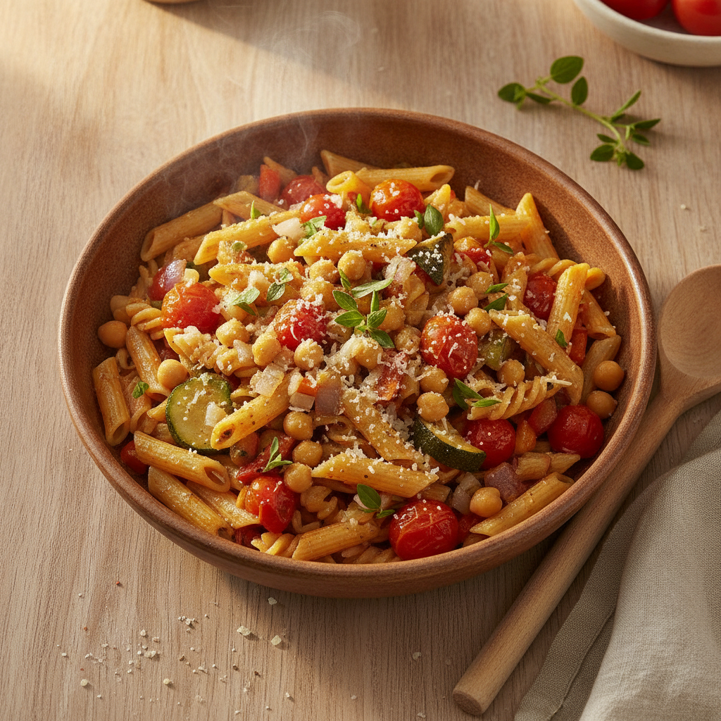 Pasta met kikkererwten en Italiaanse roerbakgroente