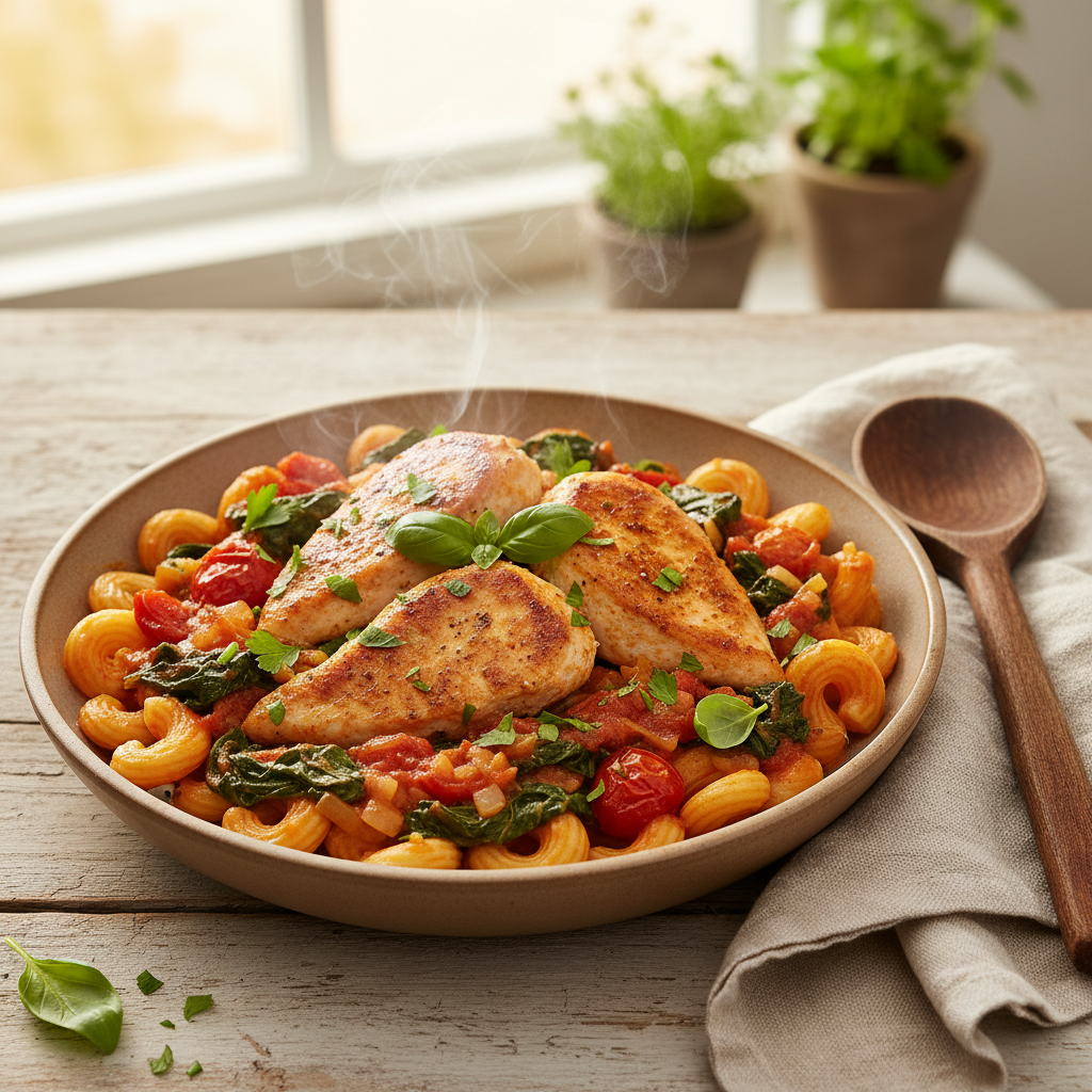 Pasta met kip-tomatensaus en spinazie