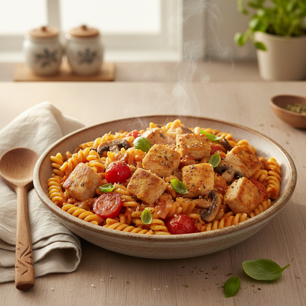 Pasta met kipfiletblokjes in romige tomatensaus