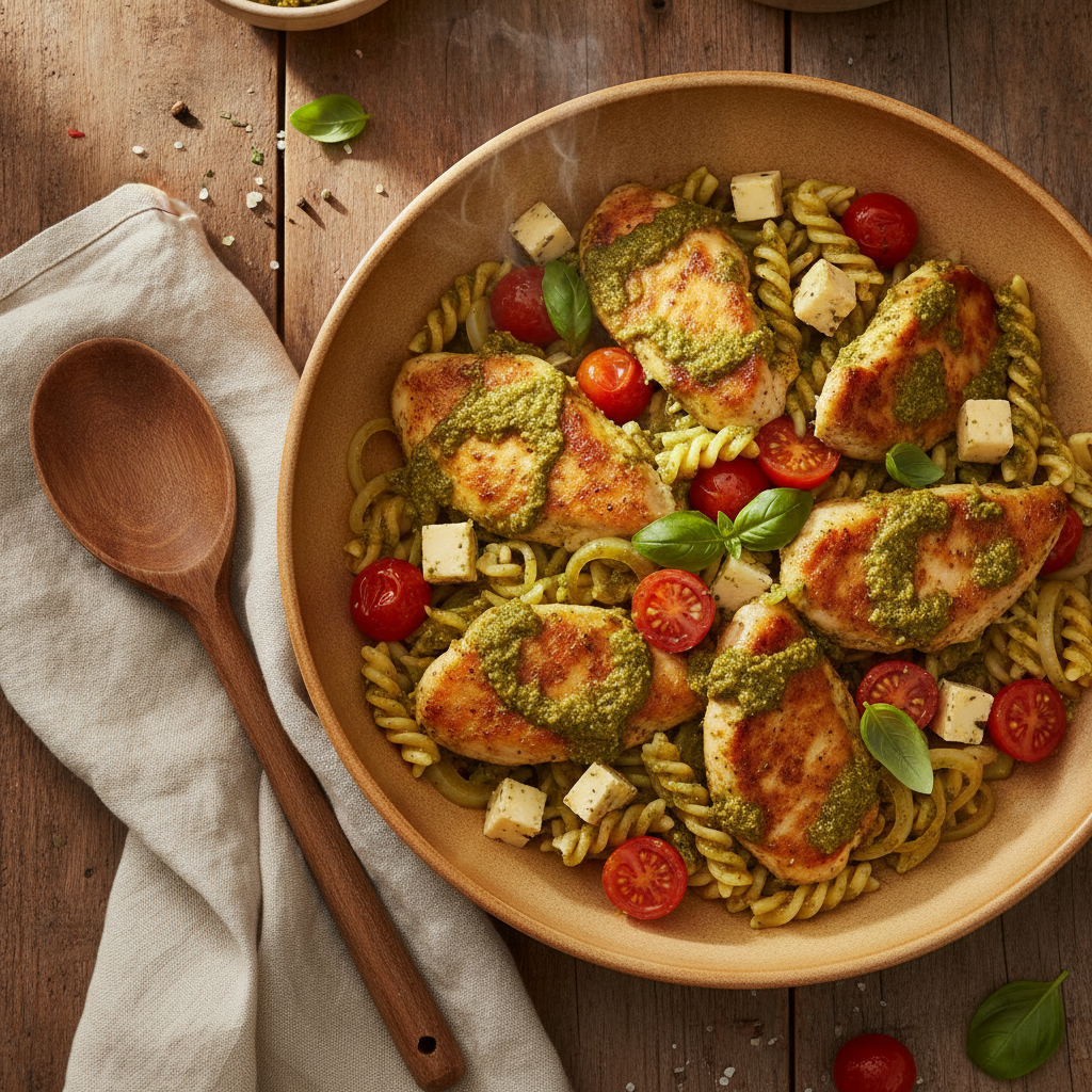 Pasta met kiphaasjes, pesto en cherrytomaat