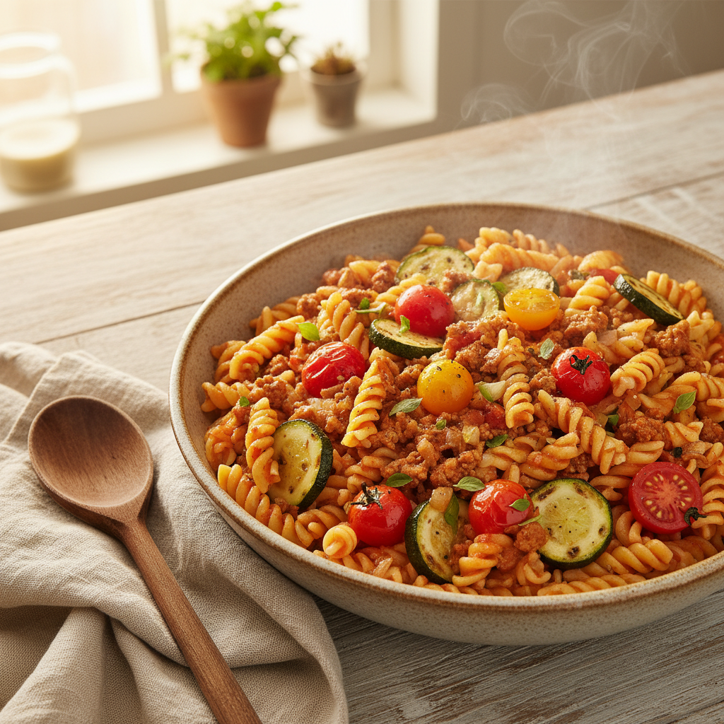 Pasta met plantaardig rulgehakt, courgette en tomaat