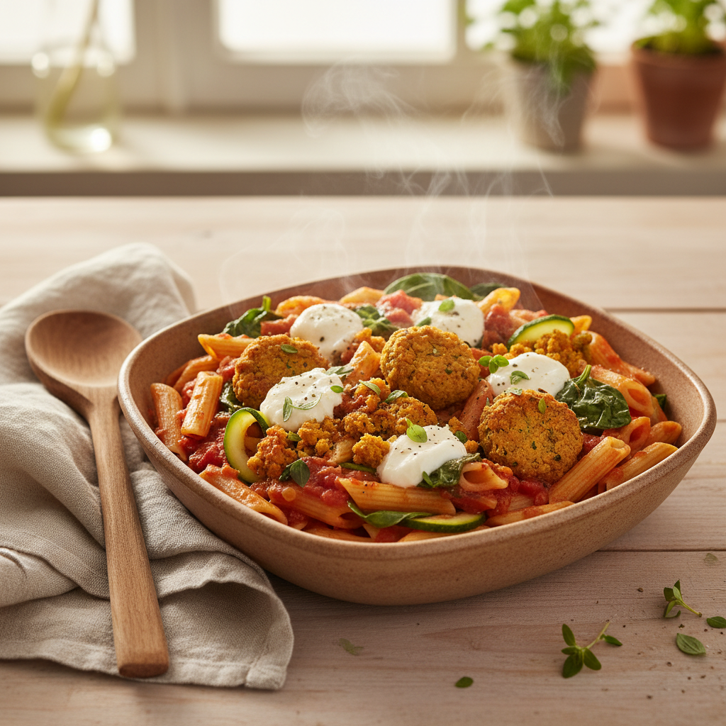 Pasta met plantaardige falafel, tomatensaus en spinazie