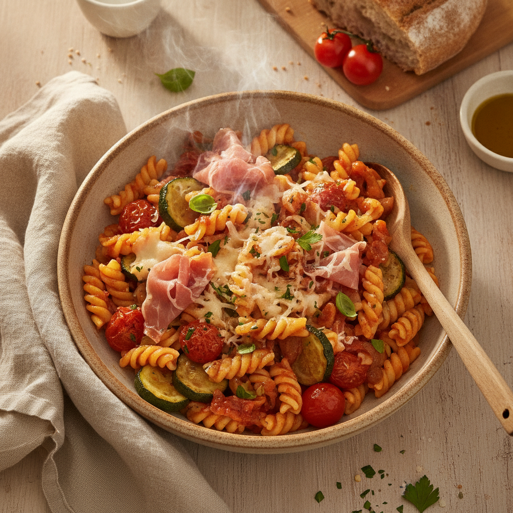 Pasta met Prosciutto, Mozzarella en geroosterde courgette