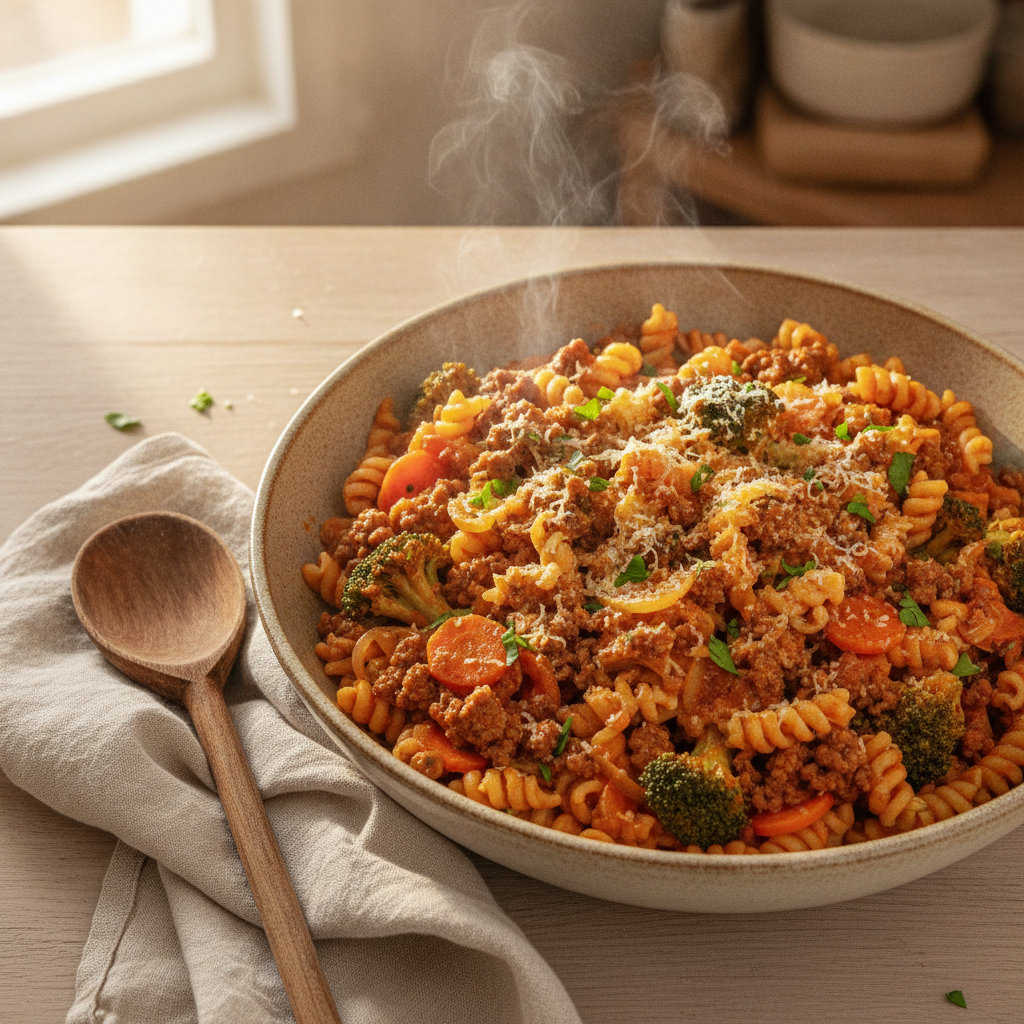 Pasta met rundergehakt en broccoli in tomatensaus