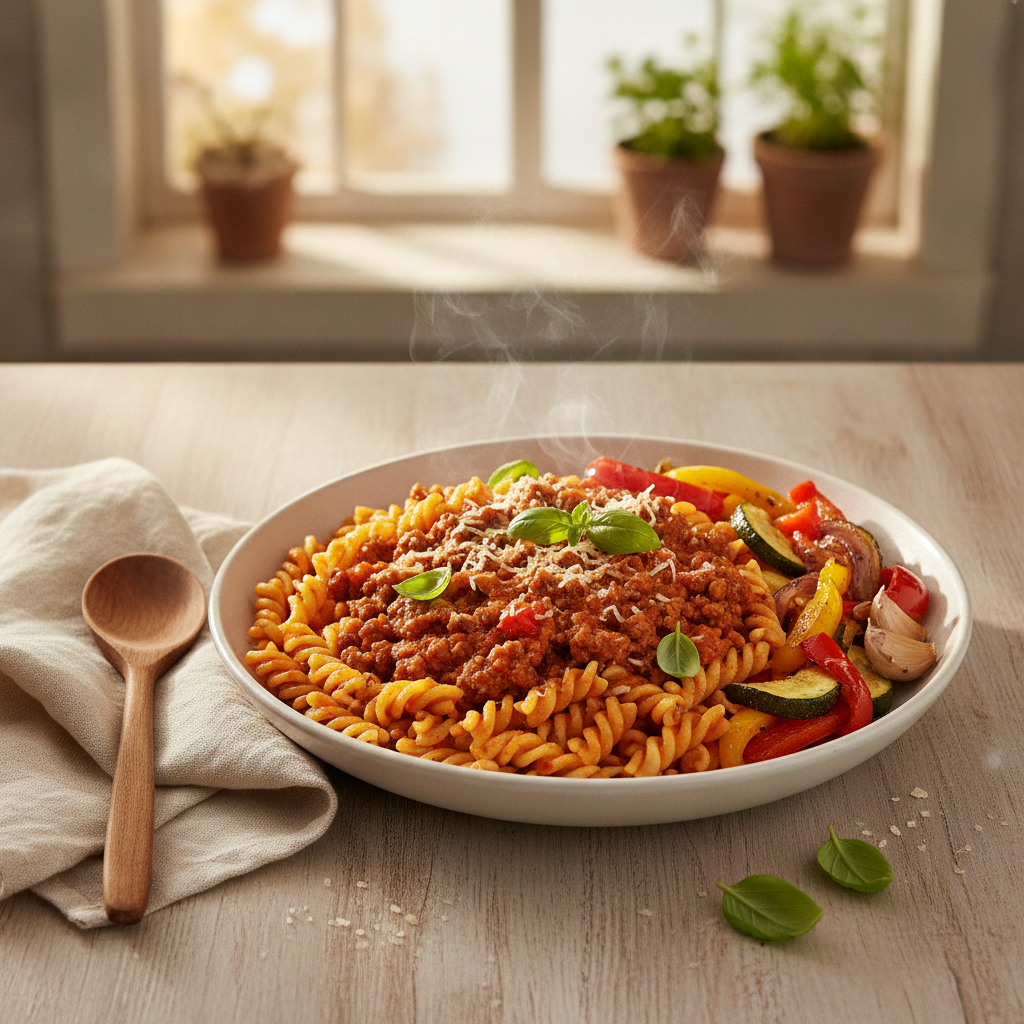 Pasta met rundergehakt en Italiaanse roerbakgroente