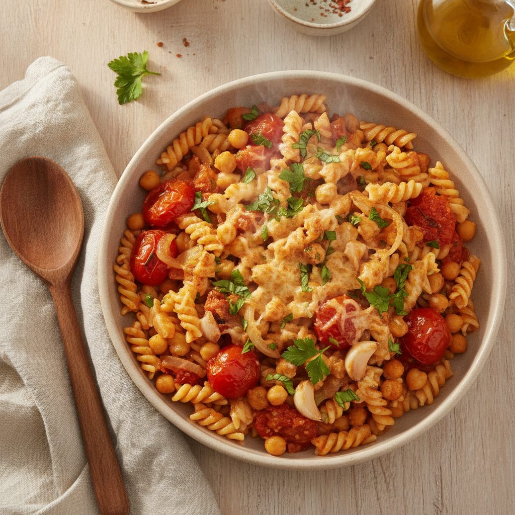 Pasta met tomaten, kikkererwten en mozzarella