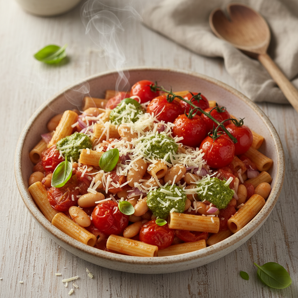Pasta met witte bonen, tomaat en pesto
