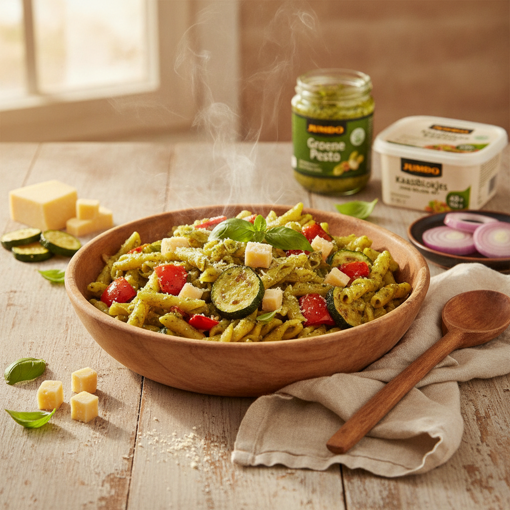 Pasta pesto met geroosterde paprika, courgette en kaas