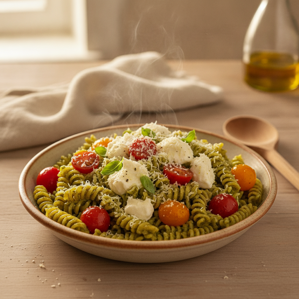 Pasta pesto met mozzarella en tomaat