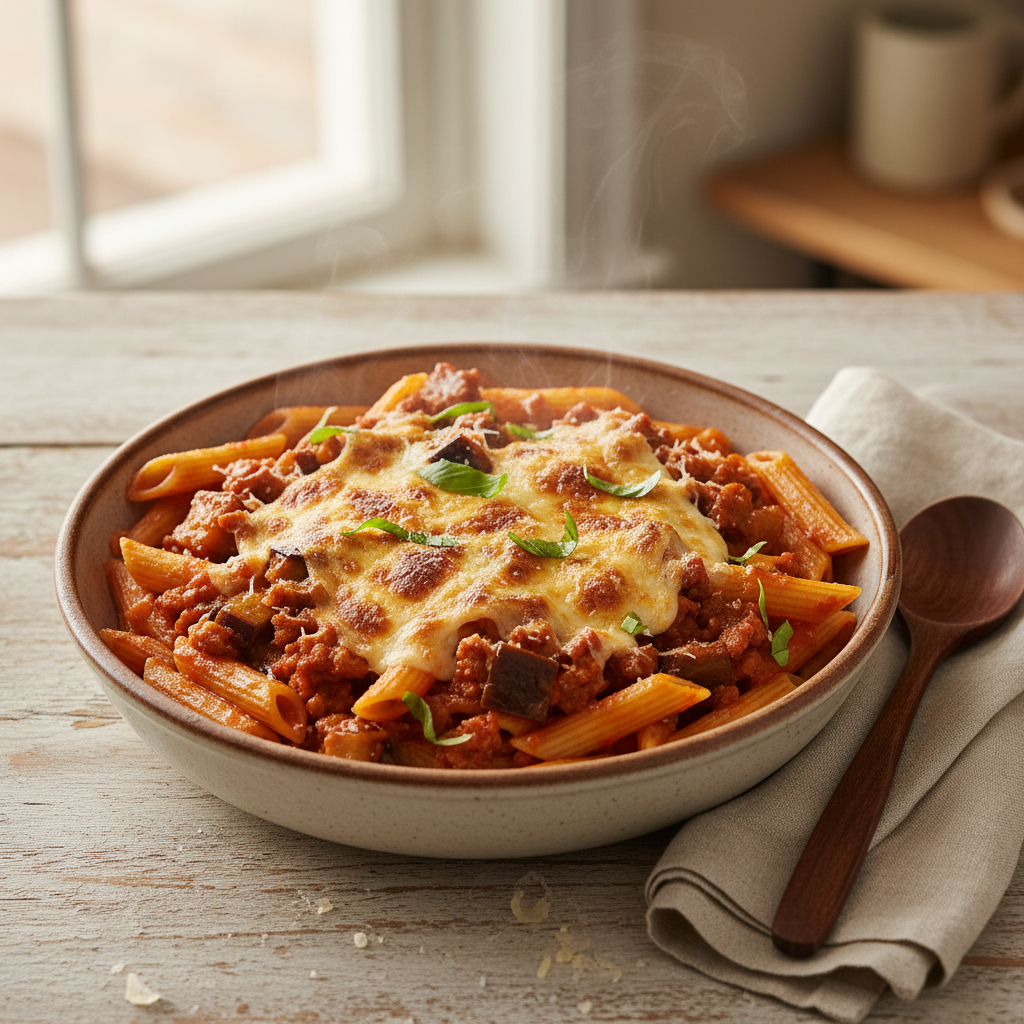 Penne alla Norma met rundergehakt