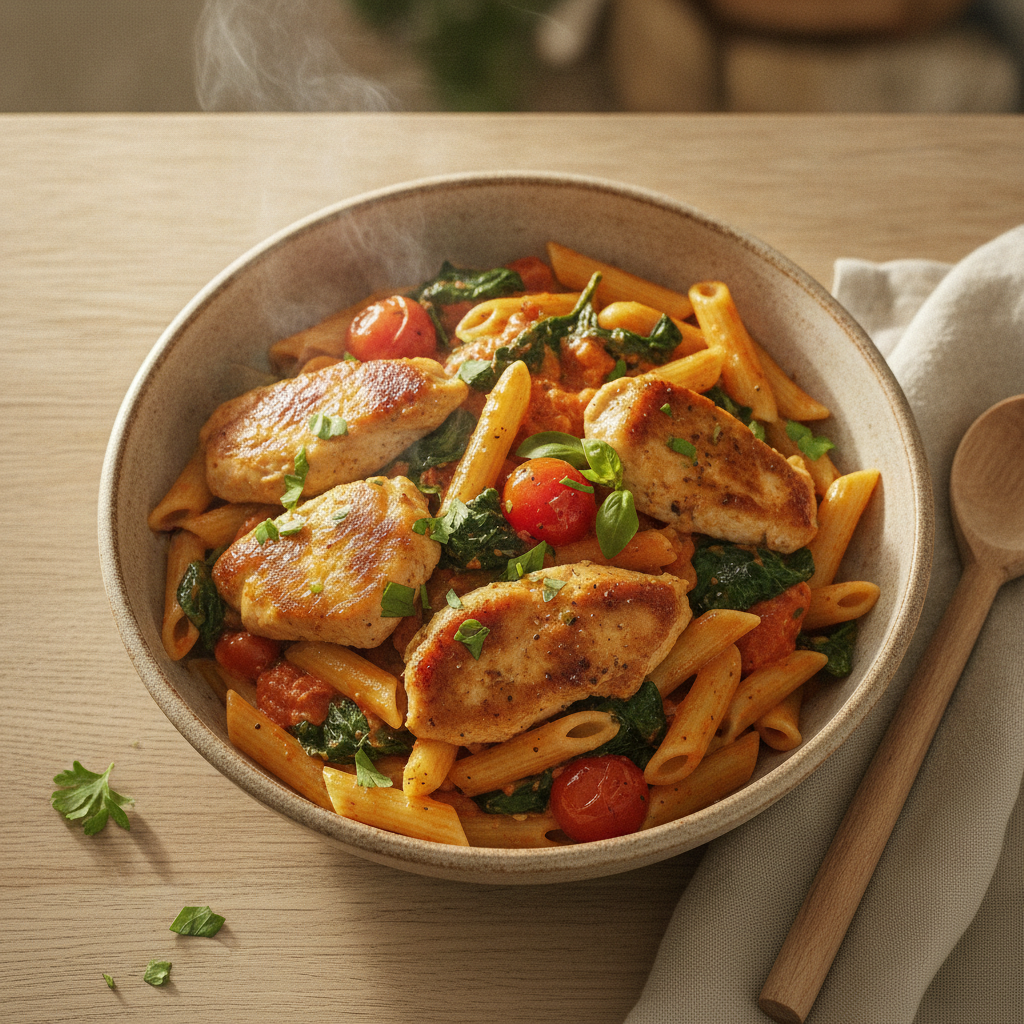 Penne met kiptenders, spinazie en romige tomatensaus