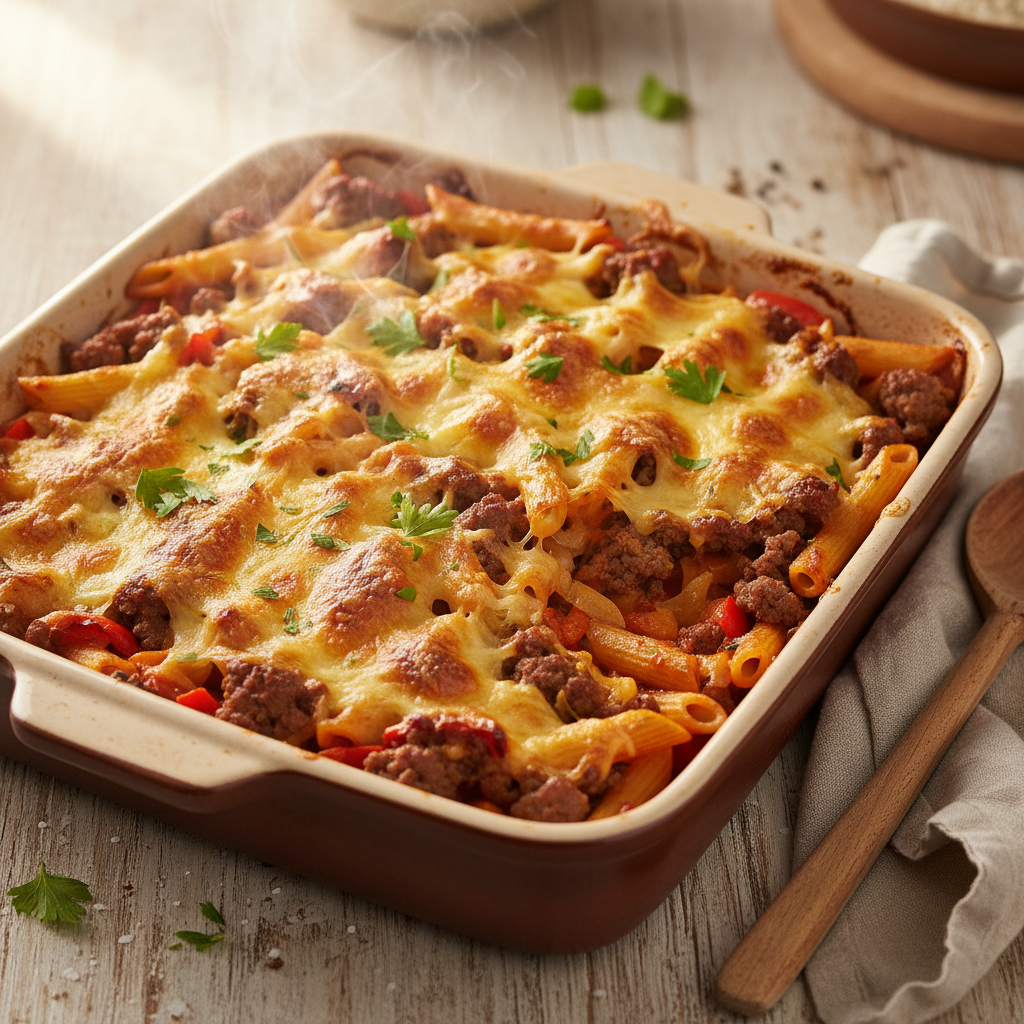 Penne ovenschotel met gehakt, paprika en kaas